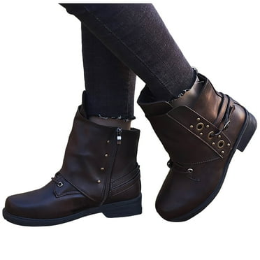 Mepaouo Womens Fashion Ankle Boots Leather Buckle Square Toe Riding Walking Short Booties for Women