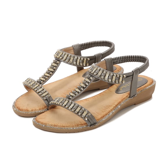 Mepaouo Womens Flat Sandals Arch Support Dressy Slide Sandal Slingback Rhinestone Summer Beach Shoes Grey Size 9