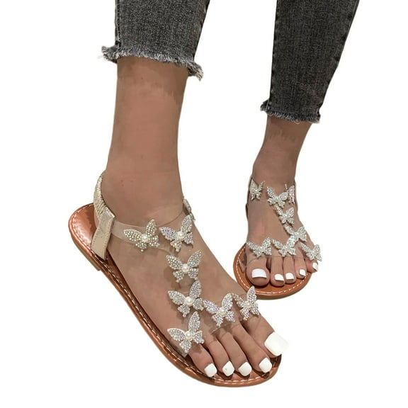 Mepaouo Womens Flat Sandals Butterfly Slingback Footbed Sandal Open Toe Summer Beach Shoes Gold Size 6.5