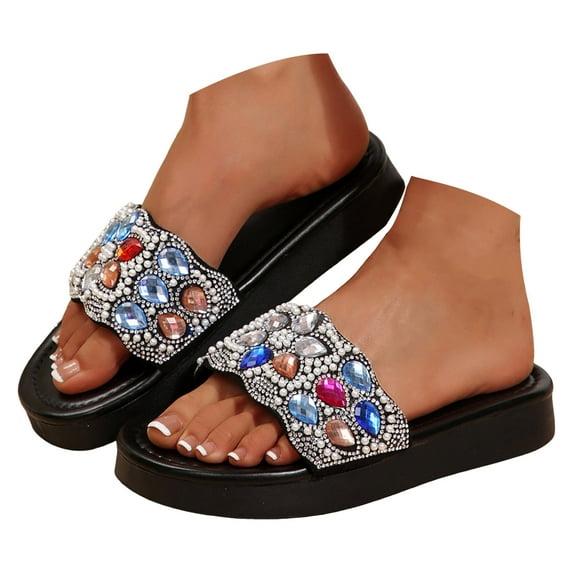 Mepaouo Womens Flat Sandals Dressy Summer Slip on Slides Jewel Open Toe Slippers Walking Beach Shoes