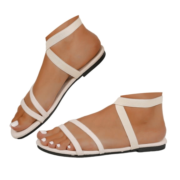 Mepaouo Womens Flat Sandals Elastic Strappy Slip on Summer Shoes Casual Footbed Walking Beach Flats