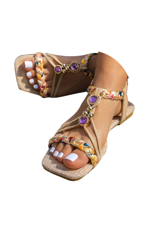 Womens Flat Sandals Square Open Toe Bohe Beach Shoes Arch Support Non Slip Walking Sandal