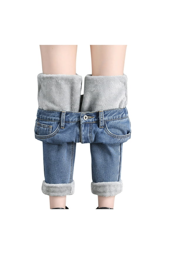 Womens Fleece Lined Jeans Thermal Flannel Winter Slim Stretch Warm Denim Pants(Blue,S)