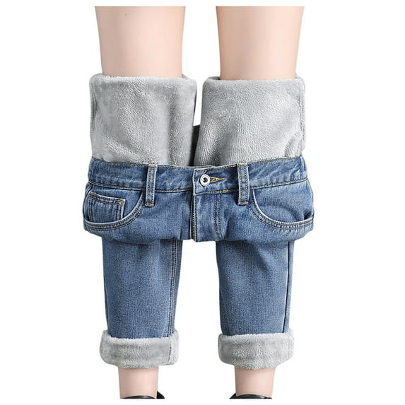 Mepaouo Womens Fleece Lined Jeans Thermal Flannel Winter Slim Stretch Warm Denim Pants(Blue,XL)