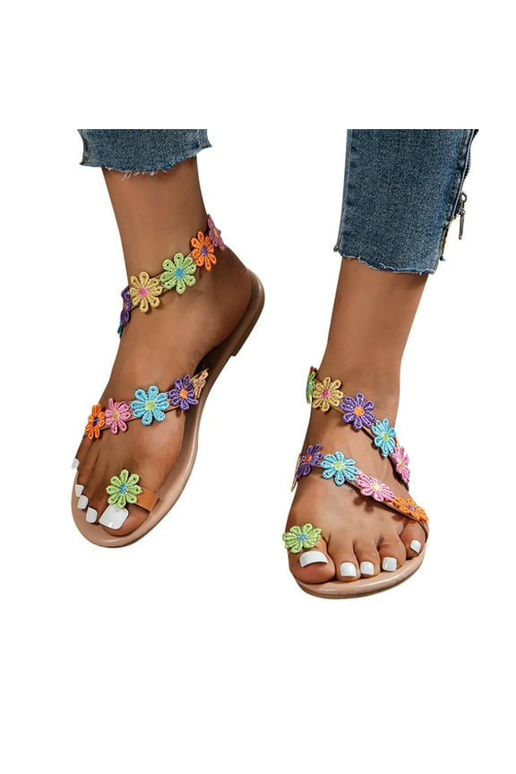 Womens Flower Flip Flops Toe Ring Non Slip Flats Summer Beach Water Sandals Shoes Size 8