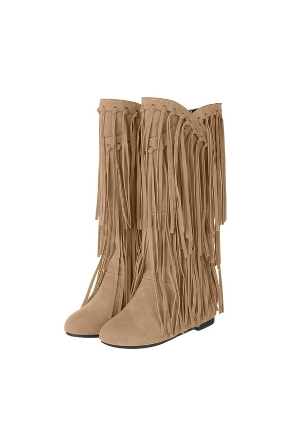 Womens Fringe Knee High Boots Cowboy Wide Calf Round Toe Walking Riding Dress Long Boots