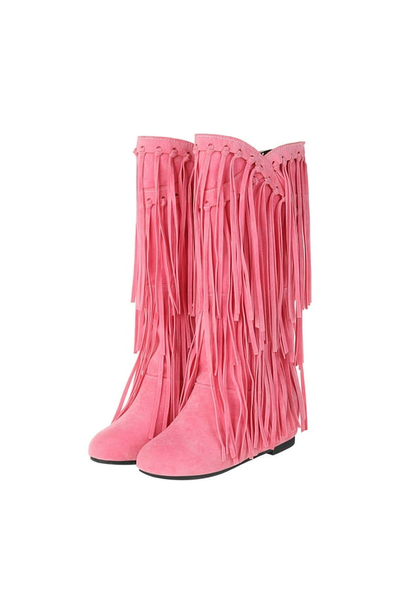 Womens Fringe Knee High Boots Cowboy Wide Calf Round Toe Walking Riding Dress Long Boots