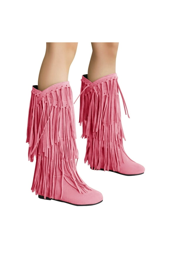 Womens Fringe Western Boots Hidden Wedge Heel Slouch Knee High Boot Platform Tassel Moccasins