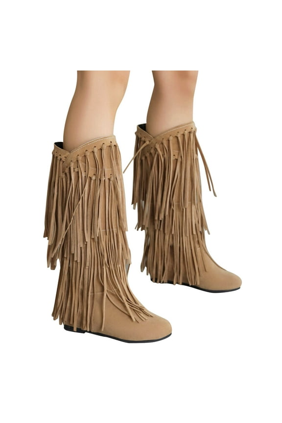 Womens Fringe Western Boots Hidden Wedge Heel Slouch Knee High Boot Platform Tassel Moccasins