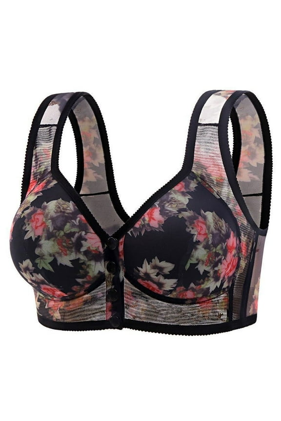 Womens Ice Silk Bra Front Closure Wireless Everyday Bras Floral Wireless Underwear for Senior