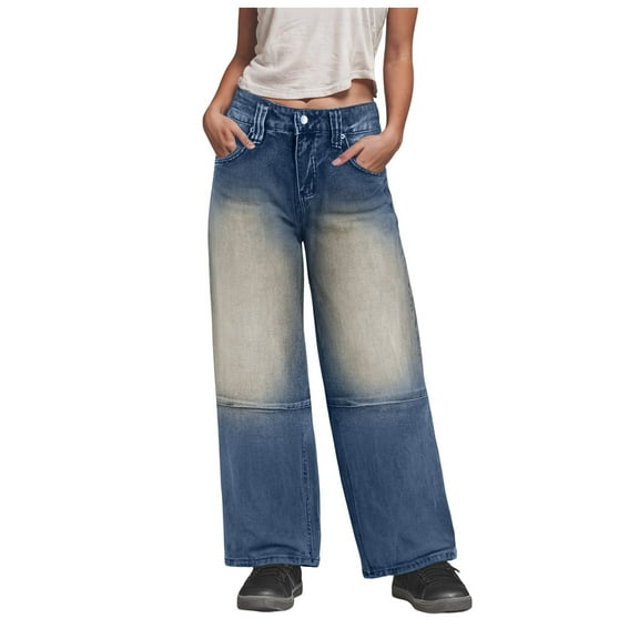 Mepaouo Womens Jeans High Waist Wide Leg Wash Stitch Baggy Denim Pants Flare Bootcut Trousers(Blue,M)