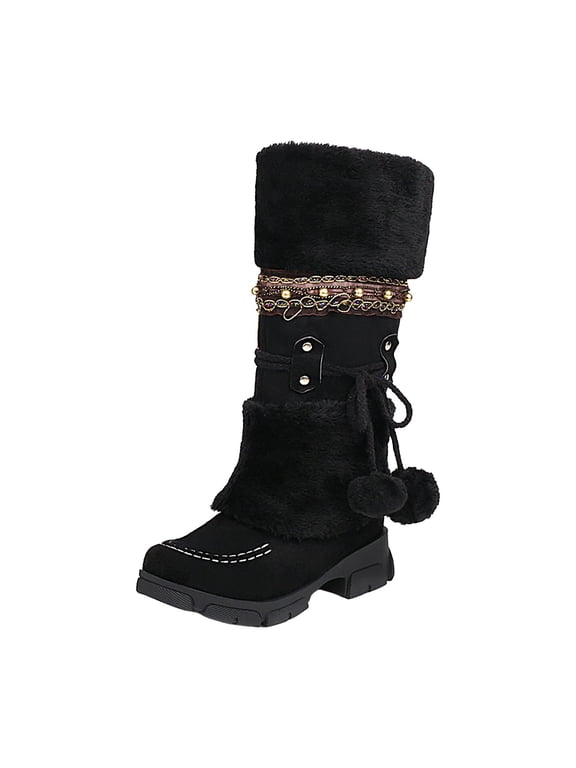 Womens Knee High Snow Boots Fuzzy Fleece Bowknot Athletic Trekking Winter Boots(Black,6)