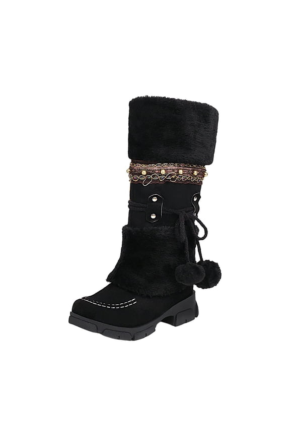 Womens Knee High Snow Boots Fuzzy Fleece Bowknot Athletic Trekking Winter Boots(Black,6)