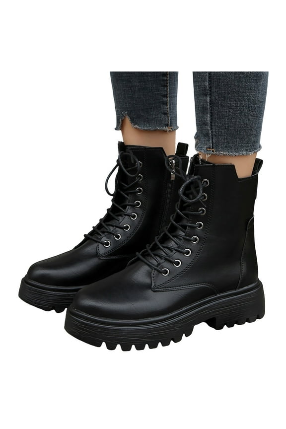 Womens Lace up Fashion Combat Boots Anti Slip Water Platform Zipper Ankle Booties for Women