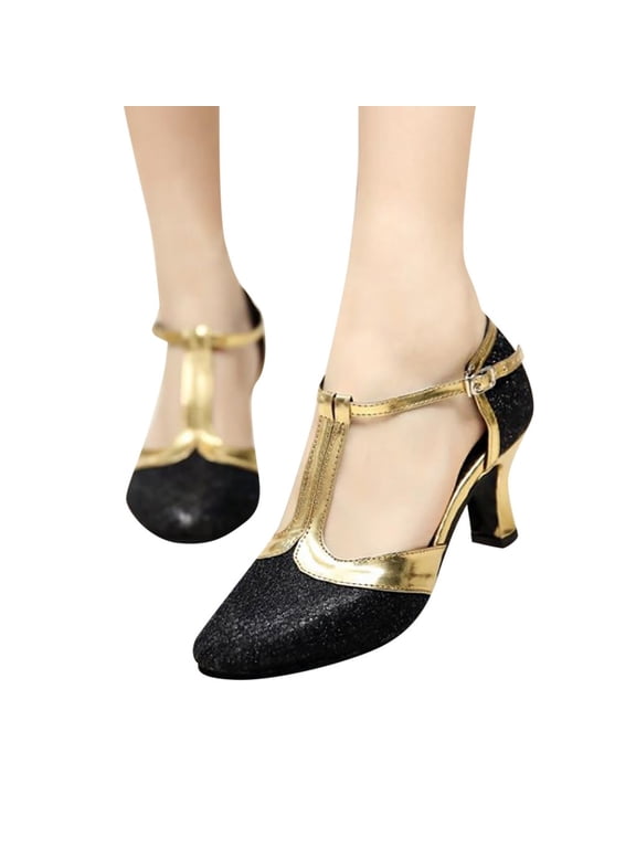 Womens Latin Dance Shoes Low Heel Straps Ballroom Dance Shoe Sparkle Heels Pumps