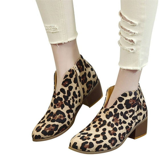 Mepaouo Womens Leopard Ankle Boots Cutout Heel Comfortable Work Walking Slip on Booties