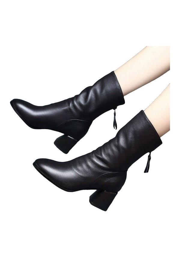 Womens Mid Calf Boots Heel Slouchy Pull on Casual Work Winter Short Booties(Black,8.5)