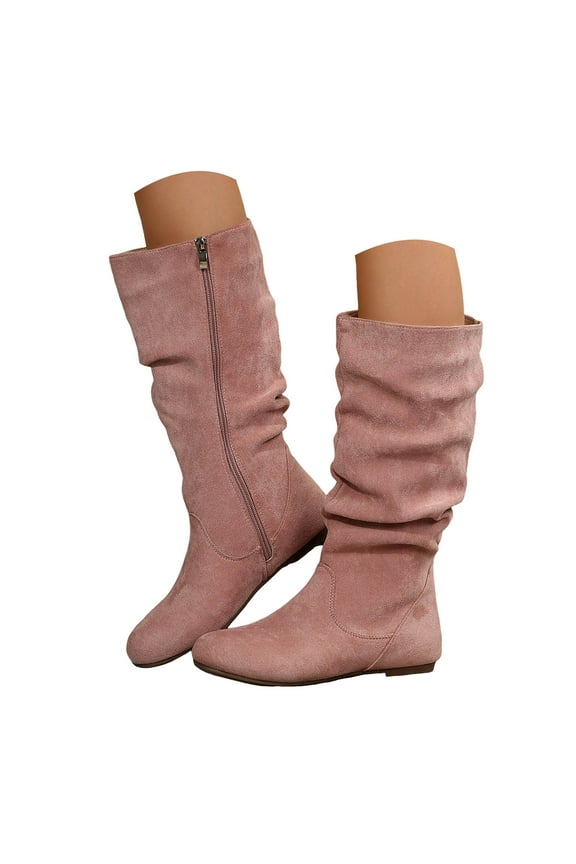 Womens Mid Calf Flat Boots Low Heel Wide Width Slouch Suede Knee High Boots with Side Zipper