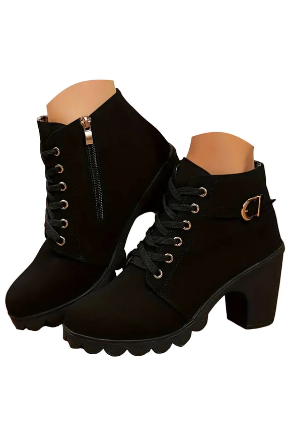 Womens Platform Ankle Boots Lace up Chunky Side Zipper Military Combat Short Booties Winter Shoes