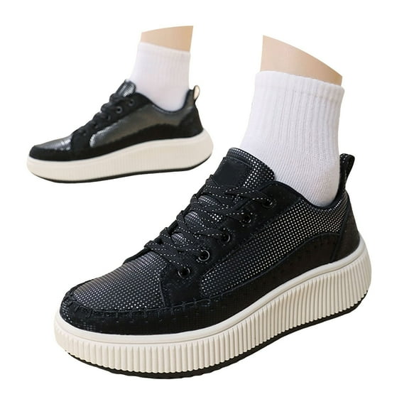 Mepaouo Womens Platform Sneakers Breathable Lace up Non Slip Walking Running Casual Shoes(Black,6)
