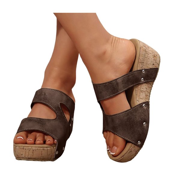 Dakaela Womens Platform Wedge Sandals 2025 Open Toe Slip on Slides Cork Heeled Cutout Summer Shoes