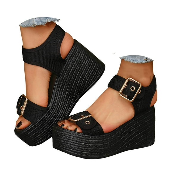 Mepaouo Womens Platform Wedge Sandals Ankle Buckle Strap High Heels Summer Beach Dressy Shoes Black 6