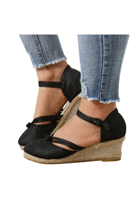 Womens Platform Wedge Sandals Espadrilles Raffia Closed Toe Ankle Strap Summer Beach Shoes