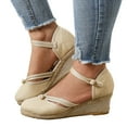 thumbnail image 1 of Mepaouo Womens Platform Wedge Sandals Espadrilles Raffia Closed Toe Ankle Strap Summer Beach Shoes, 1 of 5