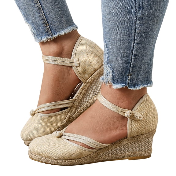 Mepaouo Womens Platform Wedge Sandals Espadrilles Raffia Closed Toe Ankle Strap Summer Beach Shoes