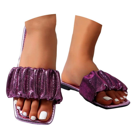 Mepaouo Womens Rhinestone Sandals Square Open Toe Slides Fashion Glitter Dressy Summer Flat Slippers