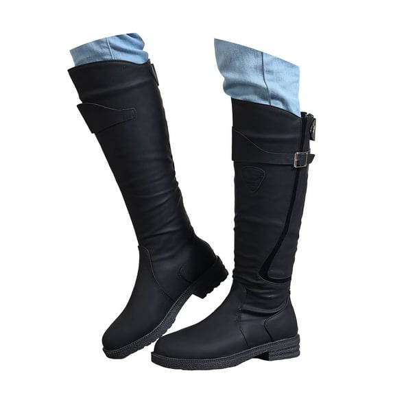 Mepaouo Womens Riding Knee High Boots Leather Wide Calf Outdoor Winter Walking Work Boots(Black,5.5)