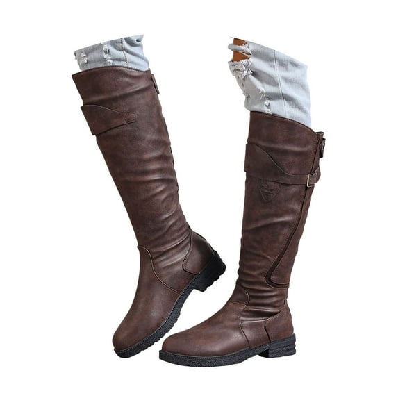 Mepaouo Womens Riding Knee High Boots Leather Wide Calf Outdoor Winter Walking Work Boots(Brown,5.5)