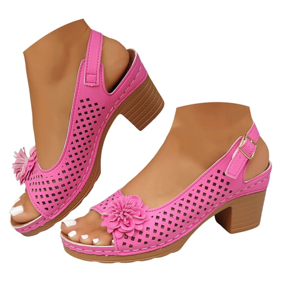 Mepaouo Womens Sandals Hollow out Flower Wedge Sandal Classic Casual Chunky Heel Slingback Walking Shoes