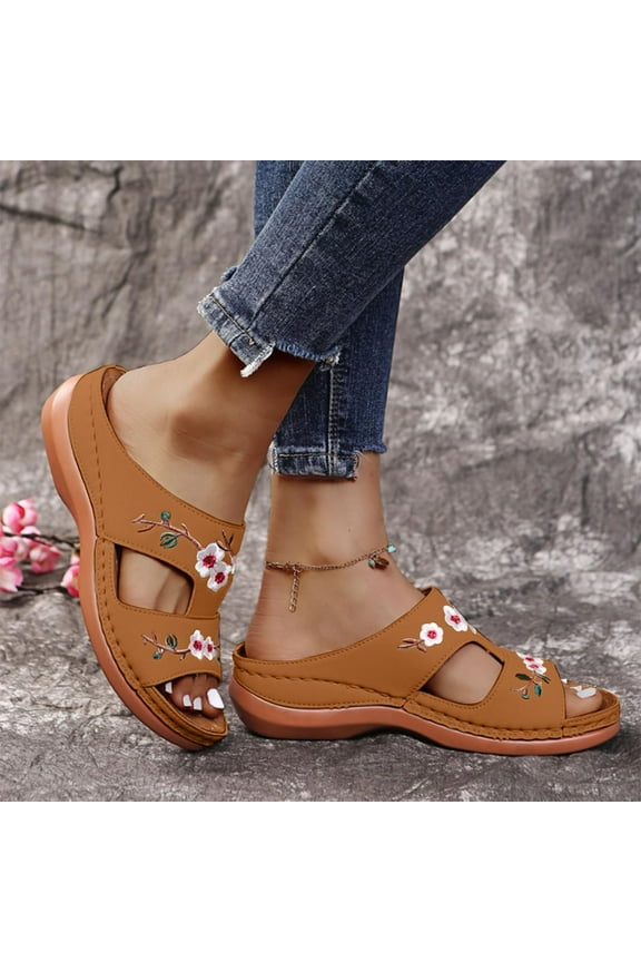Womens Sandals Wedge Orthopedic Slip on Platform Shoes Leather Ortho Walking Flats Brown 7