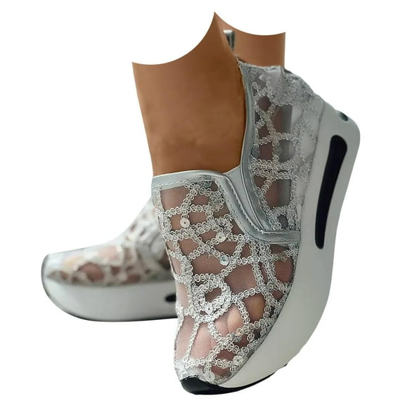 Mepaouo Womens Sequins Platform Sneakers Mesh Breathable Slip on Casual Shoes Summer Wedge Sandals
