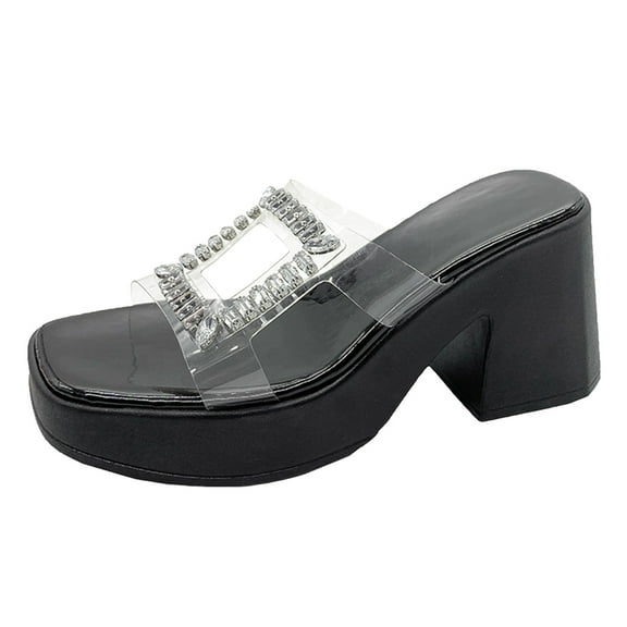 Mepaouo Womens Slide Sandals Block Heeled Square Open Toe Clear Band Platform Slip on Mules Size 7