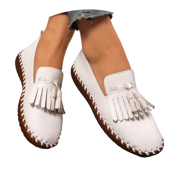 Mepaouo Womens Slip on Shoes Leather Tassel Casual Loafers Soft Comfortable Walking Work Flats White 6.5