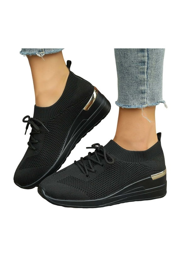 Womens Slip on Walking Shoes Hands Free Mesh Platform Breathable Wedges Running Sneakers(Black,6.5)