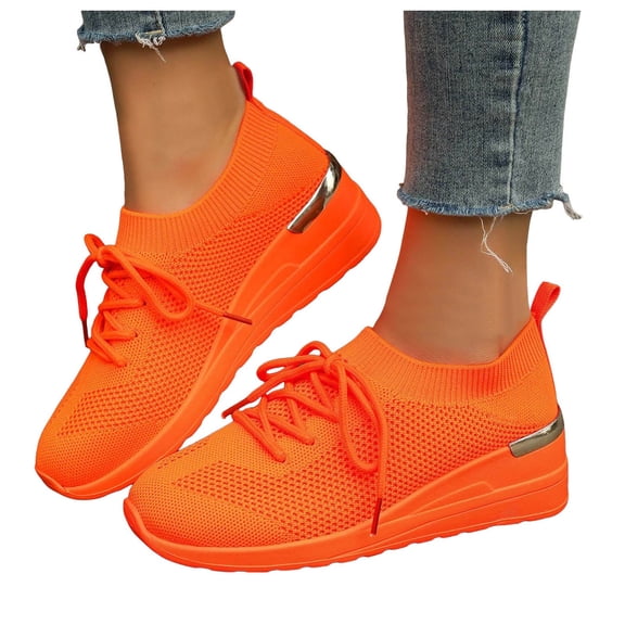 Mepaouo Womens Slip on Walking Shoes Hands Free Mesh Platform Breathable Wedges Running Sneakers(Orange,9)