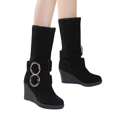 Mepaouo Womens Slouch Mid Calf Boots Fleece Lined Low Wedges Suede Walking Dressy Boots for Women
