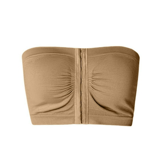 Mepaouo Womens Strapless Bra Non-Slip Padded Bandeau Front Closure Seamless Tube Top Bralette(Beige,2XL)