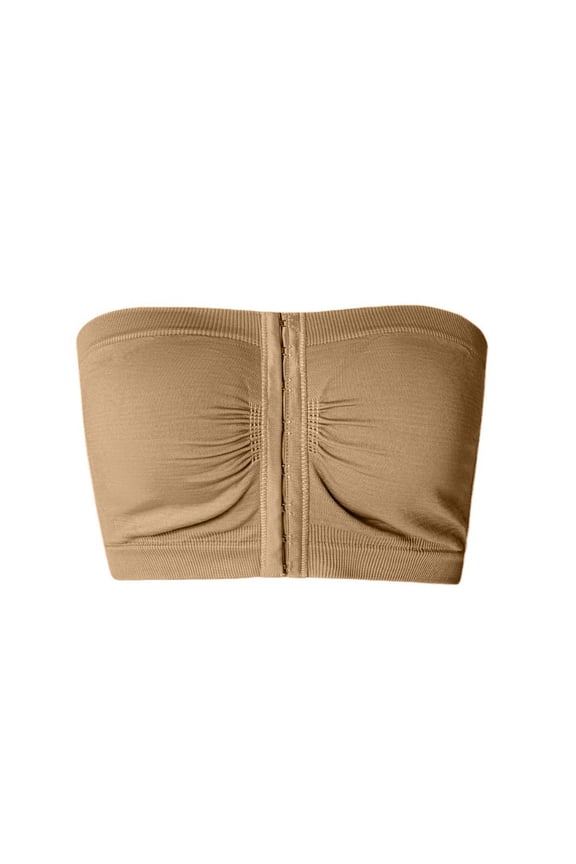 Womens Strapless Bra Non-Slip Padded Bandeau Front Closure Seamless Tube Top Bralette(Beige,2XL)