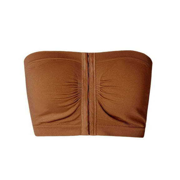 Mepaouo Womens Strapless Bra Non-Slip Padded Bandeau Front Closure Seamless Tube Top Bralette(Brown,L)