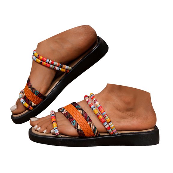 Mepaouo Womens Strappy Flat Sandals Square Open Toe Slides Slip on Slingback Bohe Dress Summer Shoes