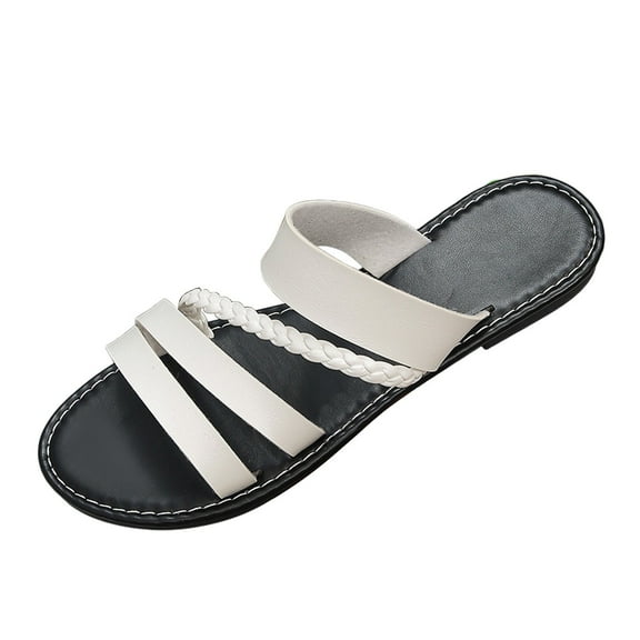 Mepaouo Womens Strappy Slide Sandals Open Toe Summer Beach Slippers Leather Walking Slip on Shoes