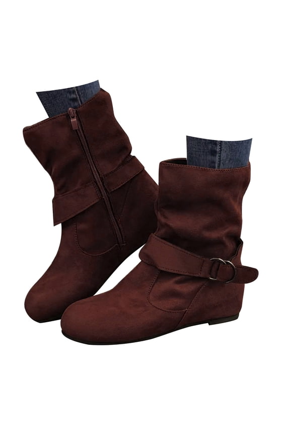 Womens Suede Slouch Ankle Booties Wide Mid Calf Side Zipper Slip on Short Booties(Brown,6)
