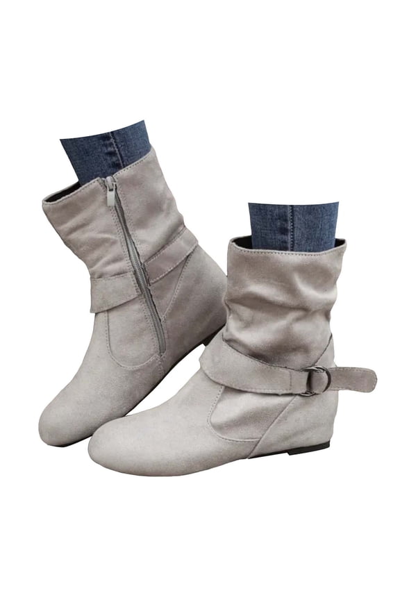 Womens Suede Slouch Ankle Booties Wide Mid Calf Side Zipper Slip on Short Booties(Grey,8.5)