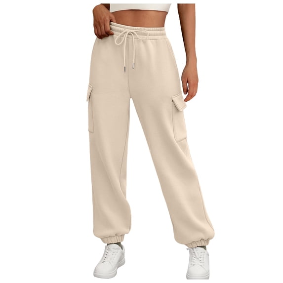Mepaouo Womens Sweatpants Cargo Fleece Lined Drawstring Baggy Athletic Jogger with Pockets(Beige,XL)
