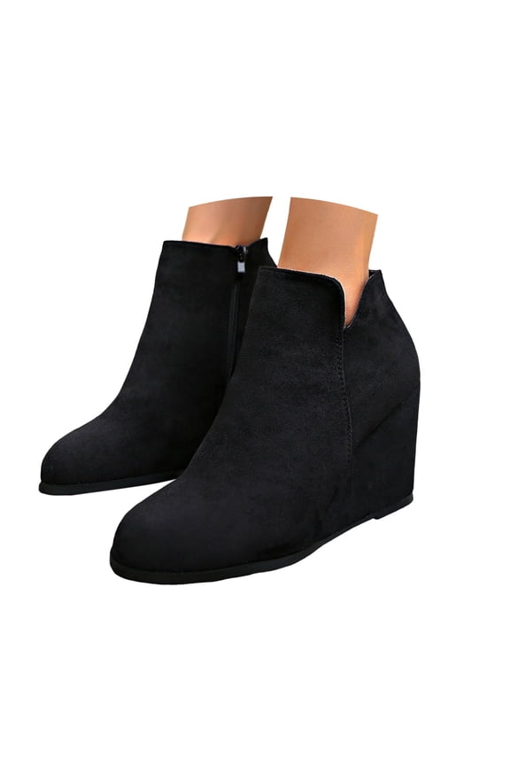 Womens V Cut Wedge Ankle Booties Closed Toe Stacked Wedge Walking Winter Boots(Black,7)