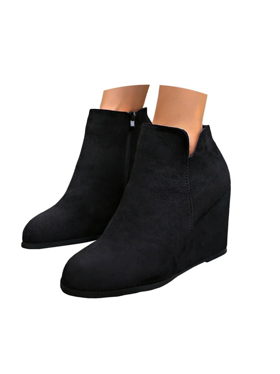 Womens V Cut Wedge Ankle Booties Closed Toe Stacked Wedge Walking Winter Boots(Black,8.5)